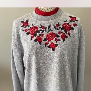 BonWorth Gray Sweater with Red Floral Embroidery Vintage 90s